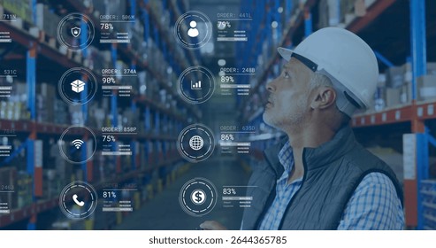Inspecting warehouse inventory man wearing helmet, vest in aisle with digital overlays, copy space. Industrial, logistics, technology, management, storage, operations, security