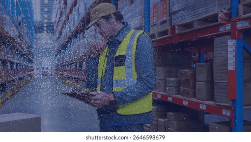 Inspecting warehouse worker checking inventory in warehouse aisle with tablet and boxes, copy space. Industrial, logistics, storage, inventory, management, organizational, efficiency - Powered by Shutterstock - Get 15% off with code: PIKWIZARD15