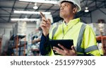 Inspection, tablet and supply chain with man in warehouse for logistics, freight or shipping. Export, delivery or cargo storage with digital checklist for customs compliance in inventory management