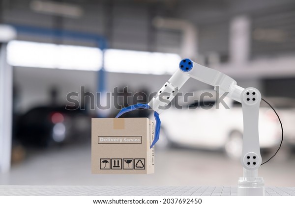 inspection transport cargo box with hand robot ai\
machine.for service maintenance insurance with car engine.for\
transport automobile automotive ai and delivery online during\
coronavirus covid 19