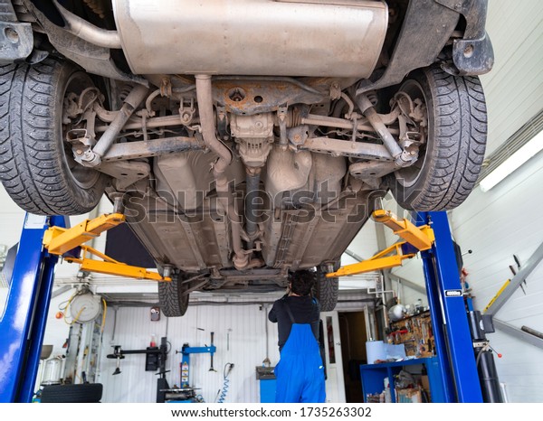 Inspection of the\
undercarriage of the car in the garage. repair and maintenance of\
the car in service.