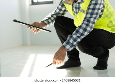 inspector or engineer is inspecting construction and quality assurance new house using a checklist. Engineers or architects or contactor work to build the house before handing it over to the homeowner