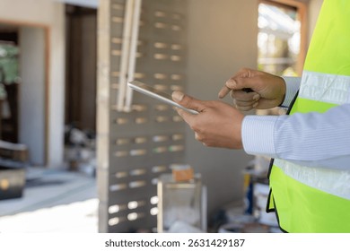 inspector or engineer is inspecting construction and quality assurance new house using a tablet. Engineers or architects or contactor work to build the house before handing it over to the homeowner