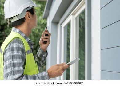 inspector or engineer is inspecting construction and quality assurance new house using a checklist. Engineers or architects or contactor work to build the house before handing it over to the homeowner
