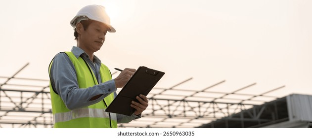 inspector or engineer is inspecting construction and quality assurance new house using a checklist. Engineers or architects or contactor work to build the house before handing it over to the homeowner