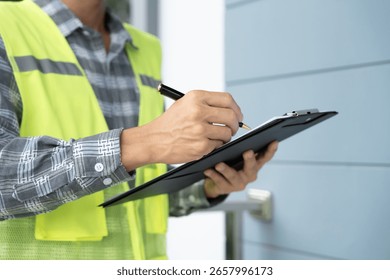inspector or engineer is inspecting construction and quality assurance new house using a checklist. Engineers or architects or contactor work to build the house before handing it over to the homeowner