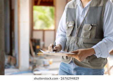 inspector or engineer is inspecting construction and quality assurance new house using a checklist. Engineers or architects or contactor work to build the house before handing it over to the homeowner
