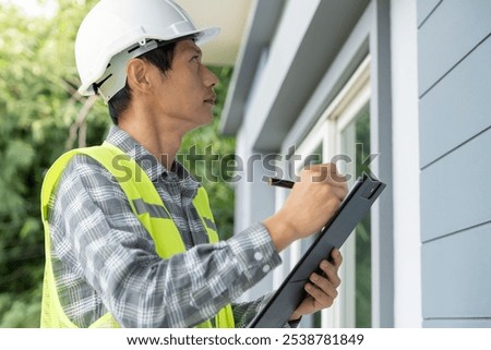 inspector or engineer is inspecting construction and quality assurance new house using a checklist. Engineers or architects or contactor work to build the house before handing it over to the homeowner
