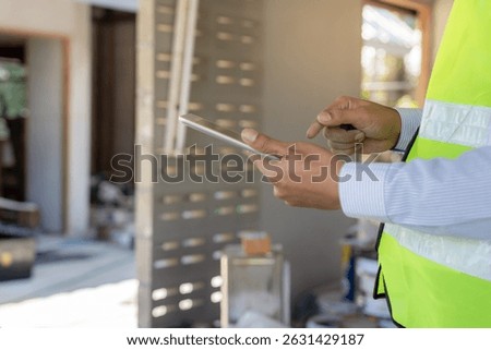 inspector or engineer is inspecting construction and quality assurance new house using a tablet. Engineers or architects or contactor work to build the house before handing it over to the homeowner