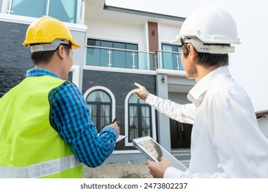 inspector engineer and owner project is inspecting construction and quality assurance new house. Engineers or architects or contactor work to build the house before handing it over to the homeowner