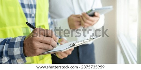inspector engineer and owner project is inspecting construction and quality assurance new house. Engineers or architects or contactor work to build the house before handing it over to the homeowner
