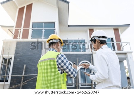 inspector engineer and owner project is inspecting construction and quality assurance new house. Engineers or architects or contactor work to build the house before handing it over to the homeowner