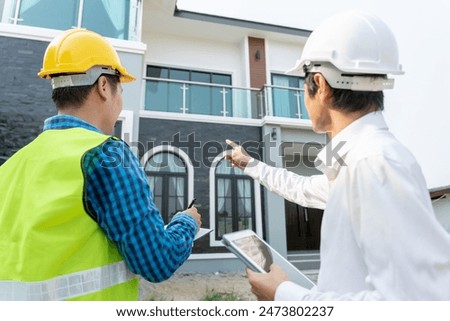 inspector engineer and owner project is inspecting construction and quality assurance new house. Engineers or architects or contactor work to build the house before handing it over to the homeowner