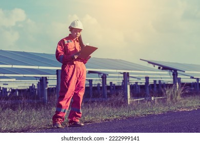 Inspector engineering concept; Engineer inspect solar panel  at solar power plant 