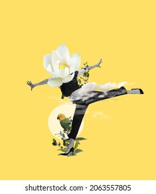 Inspiration, Ease. Contemporary Art Collage Of Women With White Flower Head Isolated Over Yellow Background. Concept Of Femininity, Spring, Growth, Freedom. Copy Space For Ad