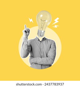 Inspiration, idea, style, Man in suit, business, electric light bulb, head, Light bulb, Montage, Composite image, Creativity, Inspiration, Retro, Advertisement, Surrealism, Imposing, Motivation - Powered by Shutterstock