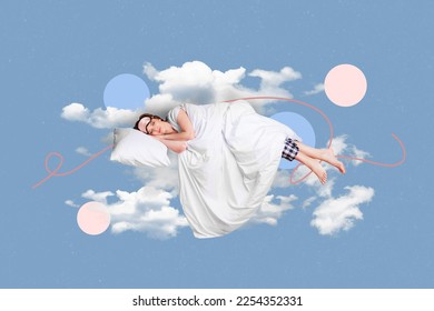 Inspiration magazine template collage sleeping woman comfy dreaming air fly sky clouds colorful background