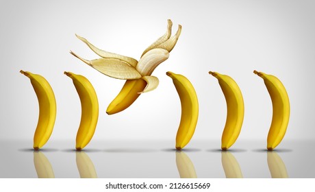 Inspiration and motivation concept as a group of generic bananas with one individual banana flying away as a symbol for individuality and disrupting the system or ED and erectile dysfunction.