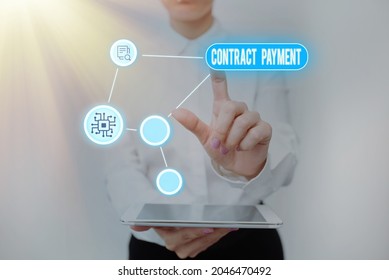 Inspiration Showing Sign Contract Payment. Business Idea Payments Made By Payer To The Payee As Per Agreement Terms Lady Holding Tablet Pressing On Virtual Button Showing Futuristic Tech.