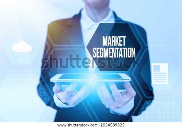 Inspiration\
showing sign Market Segmentation. Business idea dividing a market\
of potential customers into groups Lady In Uniform Holding Phone\
And Showing Futuristic Virtual\
Display