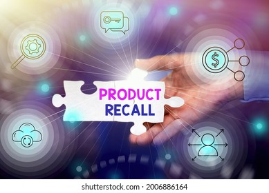 Inspiration showing sign Product Recall. Internet Concept request to return the possible product issues to the market Hand Holding Jigsaw Puzzle Piece Unlocking New Futuristic Technologies.