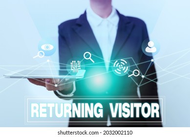 Inspiration Showing Sign Returning Visitor. Internet Concept When Someone Returns To Your Website Multiple Times Woman In Uniform Displaying Mobile Device Futuristic Virtual Tech.