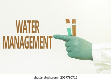 Inspiration Showing Sign Water Management. Word Written On Optimum Use Of Water Resources Under Defined Water Polices Chemist Presenting Infection Cure, Doctor Displaying Virus Vaccine