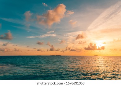 Inspirational Calm Sea With Sunset Sky. Meditation Ocean And Sky Background. Colorful Horizon Over The Water. Tranquil Nature Environment, Seascape And Sea Water Background