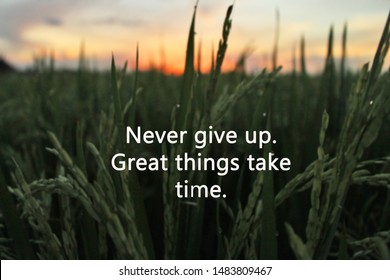 Inspirational motivational quote-never give up. Great things take time. With green paddy field and colorful sky at sunset time as background.