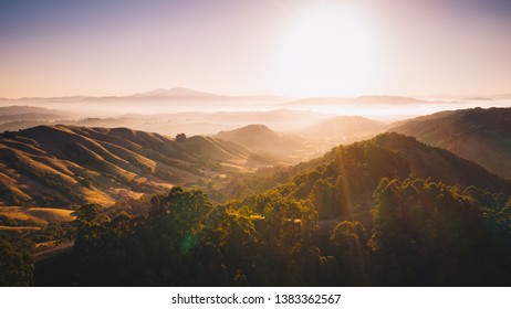 Inspirational nature panoramic background of rolling hills and fog. Berkeley Hills, California,USA