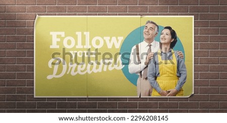 Inspirational vintage ad poster with traditional married couple looking away: follow your dreams