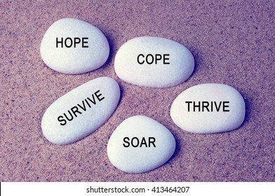 Inspirational words - hope, cope, survive, thrive and soar text on a zen stones vintage background - Shutterstock ID 413464207