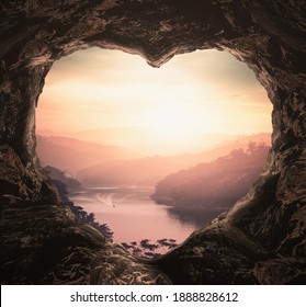 Inspire concept: Heart shape of cave on river and beautiful bright mountains sunset background - Shutterstock ID 1888828612
