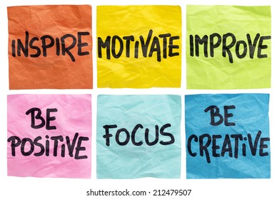 inspire, motivate, improve, be positive, focus, be creative - a set of isolated crumpled sticky notes with motivational words