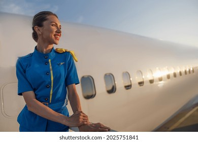 Inspired air hostess in blue uniform smiling aside, standing outdoors at the sunset. Commercial airplane in the background. Aircrew, occupation concept - Shutterstock ID 2025751841