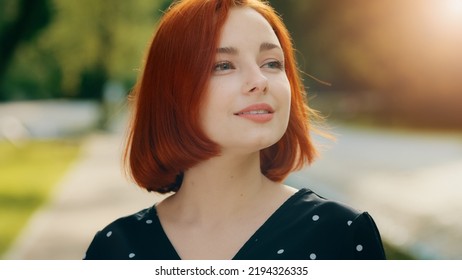 Inspired Redhead Female Model Woman Attractive Girl Caucasian Young Lady Inhaling Fresh Air Make Deep Breath Enjoying Of Blowing Spring Breeze Looking At Bright Sun Shining Background Fix Hair