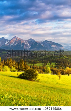 Inspirierendes Abendlicht im Frühjahr. Sonnenuntergang in der Tatra