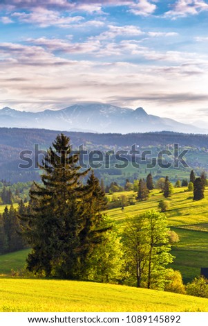 Image, Stock Photo Inspiring evening light in spring. Sunset in Mountains