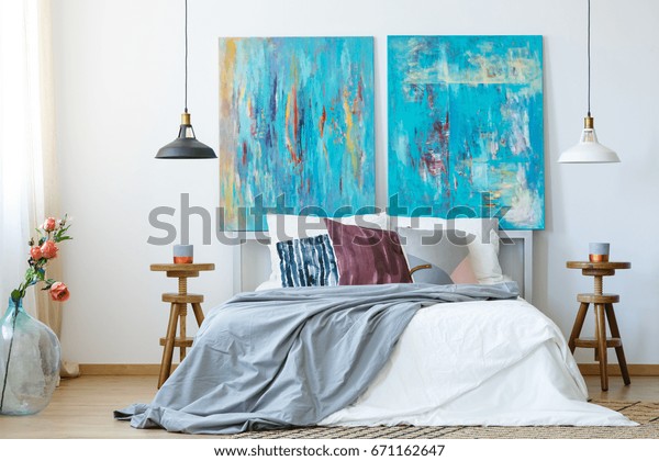 Inspiring Idea Bedroom Hand Painted Pillows Stock Photo