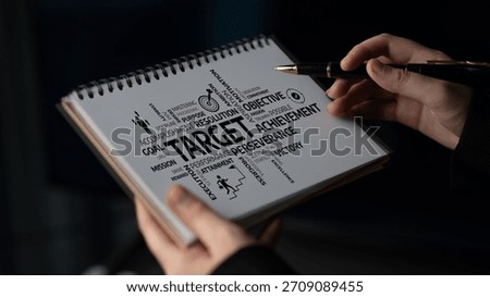 An inspiring scene featuring a notepad filled with motivational words related to goals and achievements. A person uses a pen to write, symbolizing determination and strategy. Tessel
