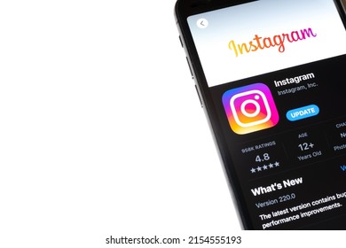 Instagram Application On Smartphone Screen. Apple IPhone Instagram Social Network Update App Store. Download App On Mobile Phone. Instagram Upgrade White Background Copy Space
2.2.2022 Kyiv, Ukraine