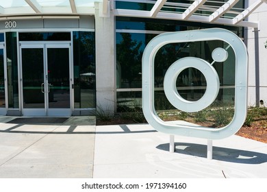 Instagram Logo At The Entrance To Corporate Headquarters In Silicon Valley. Instagram Is A Social Networking Service Owned By Facebook - Menlo Park, California, USA - 2021