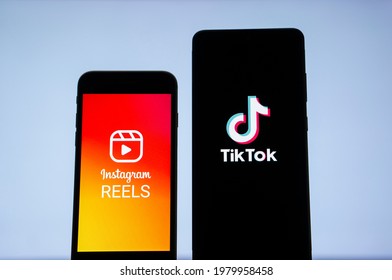 Instagram Reels And Tiktok Logo On Phone. Bangkok, Thailand 14 May 2021