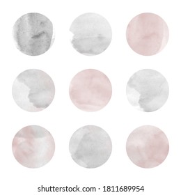 Instagram social media highlight cover icon and web button design template. minimal abstract pink and gray watercolor circle round shapes. Hand painted brush stain stamp.