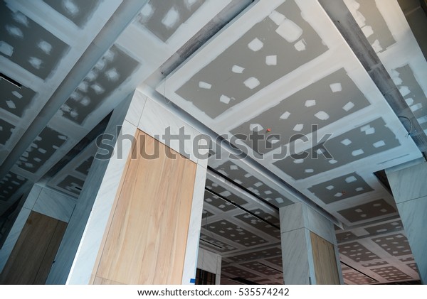 Install Ceiling Tiles Gypsum Board Condominium Stock Photo