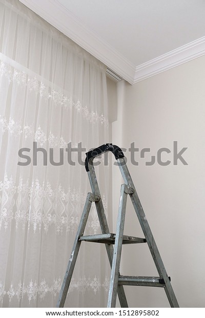 Install Cornice Curtain Metal Stairs Installing Stock Photo Edit
