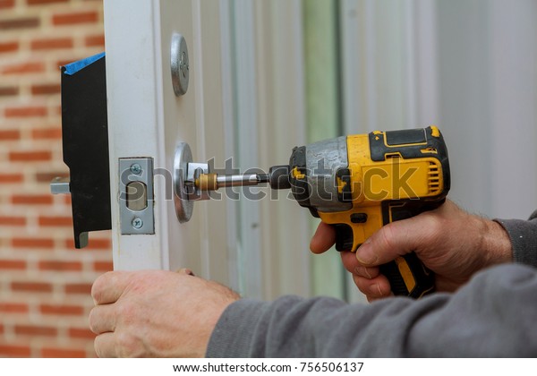Install Door Handle Lock Carpenter Tighten Stock Photo Edit Now