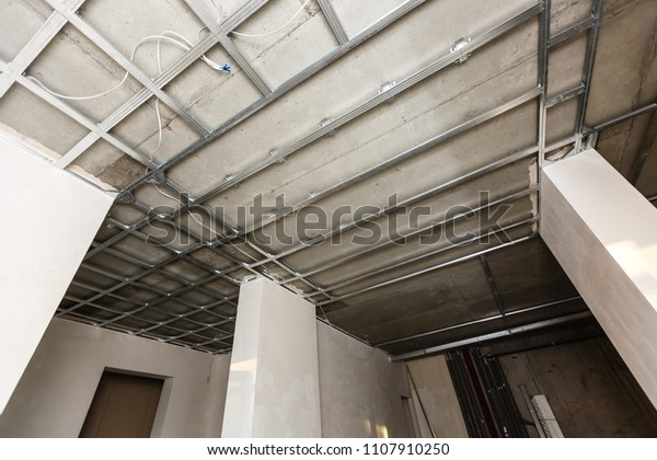 Install Metal Frame Plaster Board Ceiling Interiors Stock