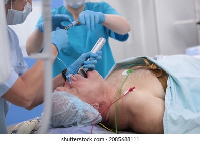 Installation Of Breathing Tube During Anesthesia.Medical Equipment For Introduction Of Anesthesia. A Breathing Mask On Patient's Face.Medical Anesthesia. Preparation For Operation. Donation Concept.