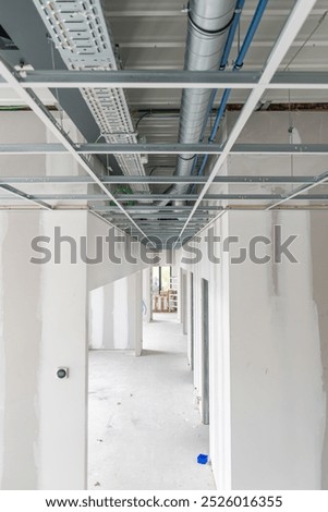 Installation of ceiling structure, C-light frame for ceiling starts after completion of electrical and plumbing work for installation, construction progress, ceiling ventilation, suspended ceiling 